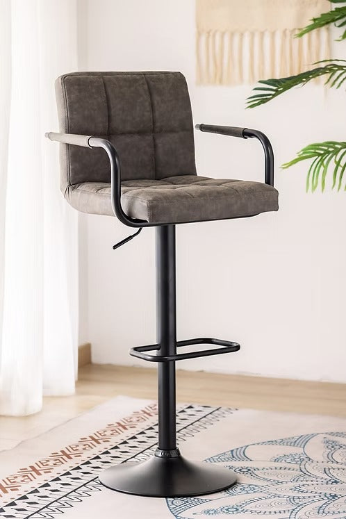 Havistra 2-Piece Bar Stool Set – Modern Grey PU Swivel Stools with Curved Ergonomic Backrest, Steel Arm Rests, Adjustable Height Gas Lift & Black Metal Frame