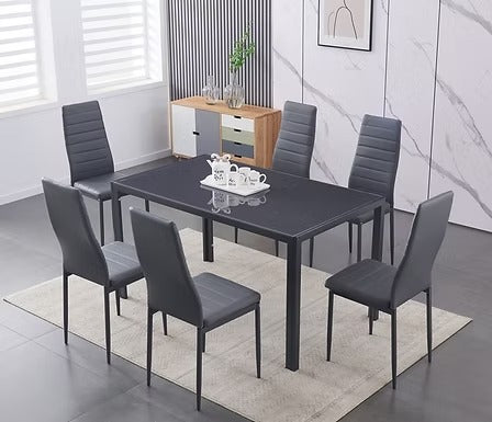 Marvella 7-Piece Dinette Set – Tempered Grey Glass Table with Grey Metal Frame & Grey Cushion Chairs
