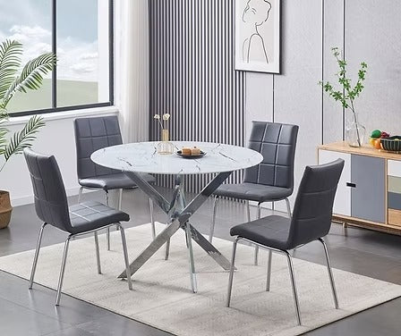 Almora 5-Piece Dinette Set – White Marble Glass Table with Chrome Legs & Grey PU Chairs