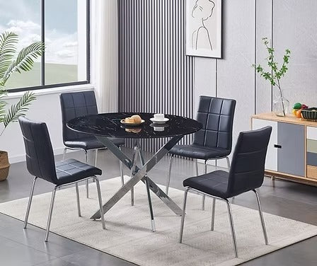 Almora 5-Piece Dinette Set – Black Marble Glass Table with Chrome Legs & Black PU Chairs
