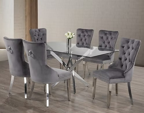 Elvanya 7-Piece Dinette Set – Tempered Clear Glass Table with Chrome Legs & Grey Velvet Knocker Chairs