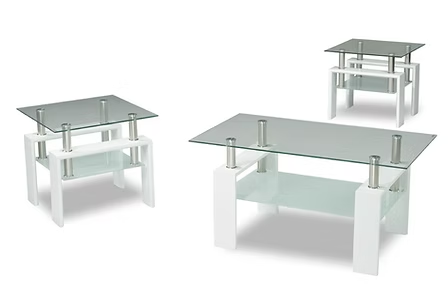 Fyntrix 3 Piece Coffee Table Set – Modern Clear Tempered Glass Coffee Table with Frosted Bottom Glass and White High Gloss Legs with Chrome Accents (Copy)