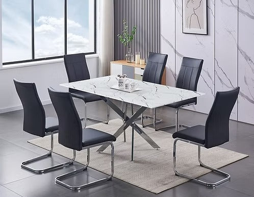 Sorello 7-Piece Dinette Set – White Marble Glass Table with Chrome Legs & Black PU Chairs