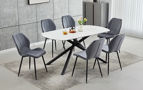 Novexa 7-Piece Dinette Set – Sintered Stone White Marble Table with Black Steel Legs & Dark Grey Velvet Chairs