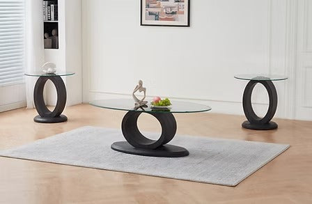 Zeravon 3 Piece Coffee Table Set – Modern Sculptural Coffee Table with Clear Tempered Glass Top and Charcoal Grey Wood Finish O-Shaped Bases