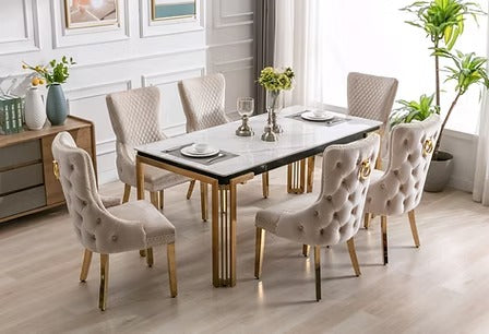 Lumetra 7-Piece Dining Set – Ceramic Marble Table with Creme Velvet Gold Accent Chairs