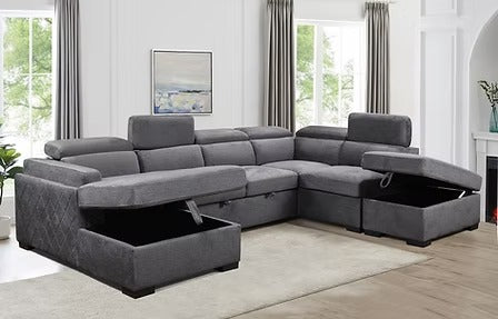 Novira Sofa Bed Sectional – Left Hand Facing Chaise with Lift Up Storage, Floating Ottoman, Adjustable Headrests