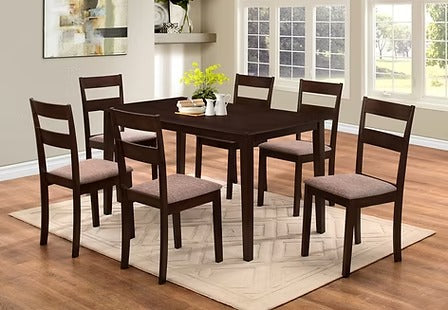 Nordello 7-Piece Dinette Set – Espresso Dining Table with Light Fabric Cushion Chairs