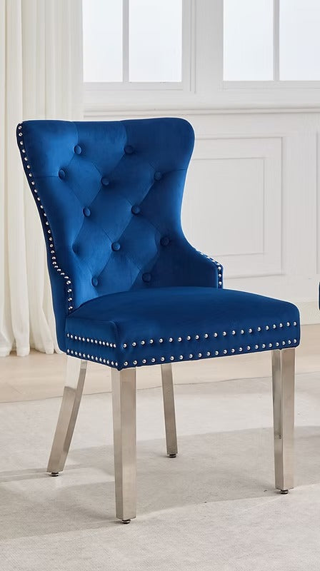 Sylvano 2-Piece Dining Chairs – Soft-Touch Blue Velvet Button Tufted Design with Nailhead Details & Polished Chrome Legs for Modern Luxury Dining Spaces
