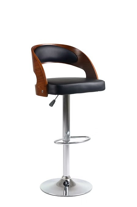 Elvario Modern Black PU Swivel Bar Stool with Bentwood Back, Curved Ergonomic Design, Adjustable Height Gas Lift & Chrome Frame for Kitchen Island & Counter Seating