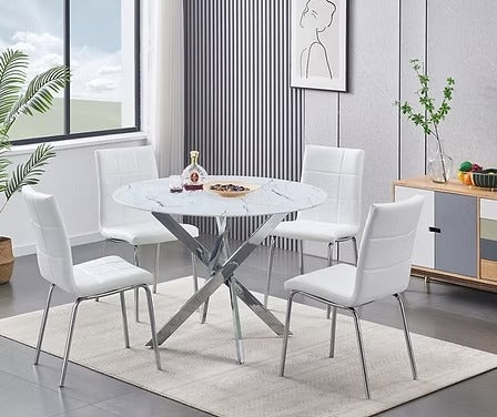 Almora 5-Piece Dinette Set – White Marble Glass Table with Chrome Legs & White PU Chairs