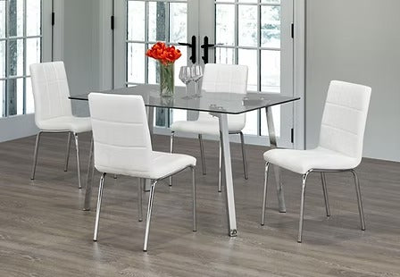 Sylviro 5-Piece Dinette Set – Tempered Clear Glass Table with Chrome Legs & White Cushion Chairs