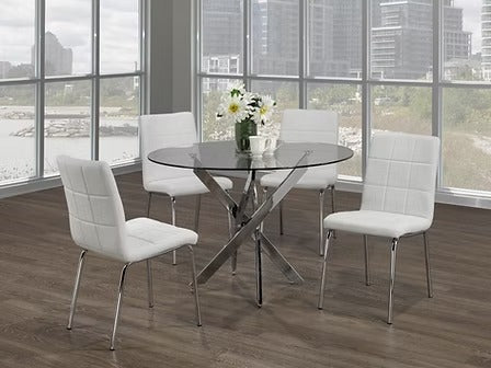 Bravora 5-Piece Dinette Set – Tempered Clear Glass Table with Chrome Legs & White PU Chairs