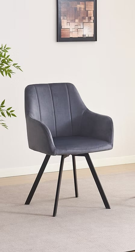 Norviano 2-Piece Modern Swivel Accent Chair Set in Dark Grey Velvet with Vertical Stitching, Integrated Armrests, Black Metal Legs and 360° Swivel Base