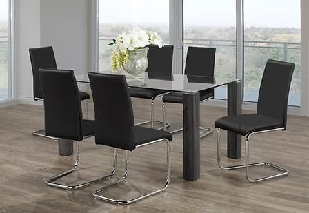 Arvexo 7-Piece Dinette Set – Tempered Clear Glass Table with Grey Wooden Legs & Chrome Accents and Black PU Chairs