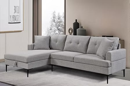 Kelvexa Sectional Sofa – Left Hand Facing Chaise with Pull Up Storage, Button Tufted Back, Black Metal Legs
