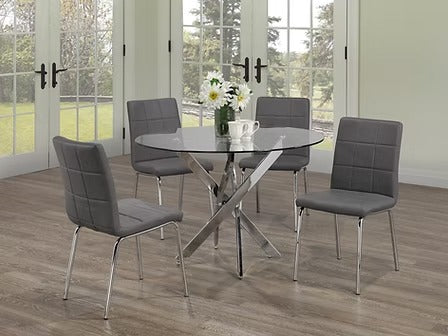 Bravora 5-Piece Dinette Set – Tempered Clear Glass Table with Chrome Legs & Grey PU Chairs