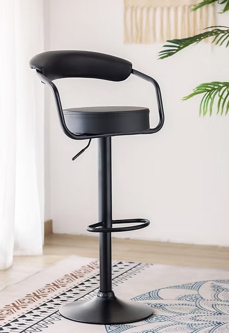 Grevano 2-Piece Bar Stool Set – Modern Black PU Swivel Stools with Curved Ergonomic Backrest, Adjustable Height Gas Lift &amp; Black Metal Frame