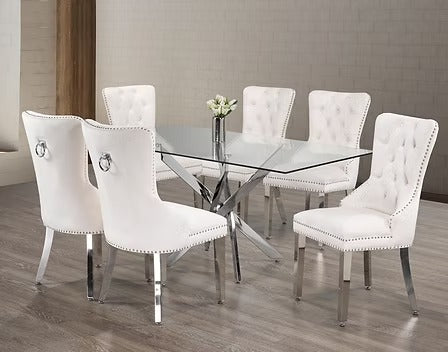 Elvanya 7-Piece Dinette Set – Tempered Clear Glass Table with Chrome Legs & Cream Velvet Knocker Chairs