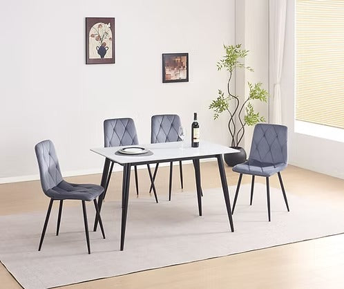 Velvoro 5-Piece Dinette Set – Snowy White Marble Sintered Stone Table with Black Steel Legs & Dark Grey Velvet Chairs