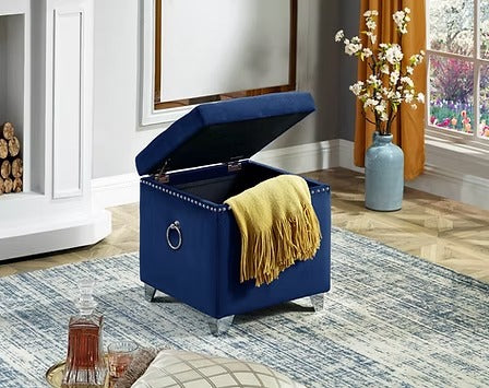 Zyrelvo Velvet Storage Ottoman – Blue Deep Tufted Ottoman with Chrome Ring, Nailhead Detail and Chrome Legs