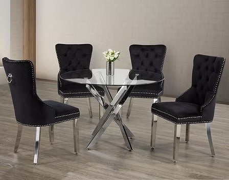 Walvera 5-Piece Dinette Set – Tempered Clear Glass Table with Chrome Legs & Black Velvet Knocker Chairs