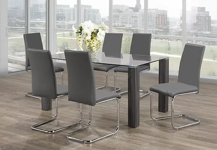 Arvexo 7-Piece Dinette Set – Tempered Clear Glass Table with Grey Wooden Legs & Chrome Accents and Grey PU Chairs