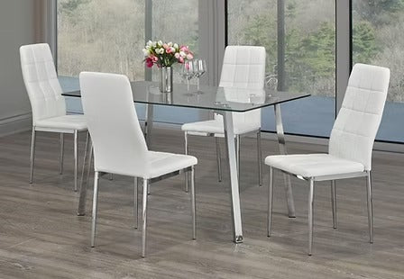 Arlovo 5-Piece Dinette Set – Tempered Clear Glass Table with Chrome Legs & White Cushion Chairs