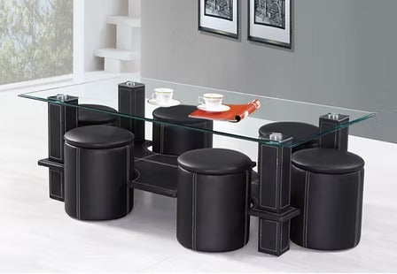 Ovrento Coffee Table Set with 6 Stools – Black Tempered Glass Coffee Table with Contrast Stitching Details