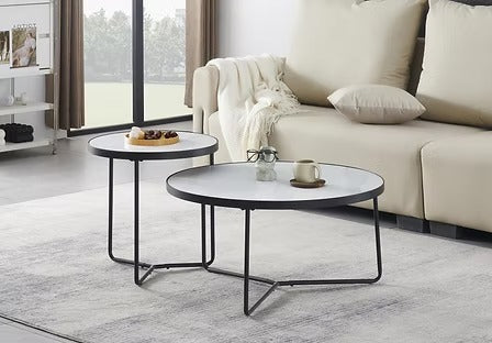 Virexon Set of 2 Coffee Tables – Modern Sintered Stone Snowy White Marble Top with Black Steel Base