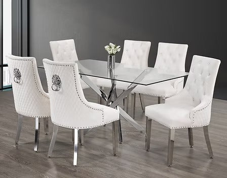 Zorvexo 7-Piece Dinette Set – Tempered Clear Glass Table with Chrome Legs & Cream Velvet Lion Knocker Chairs