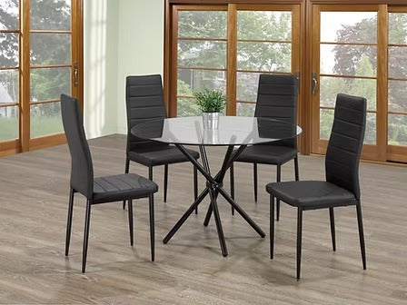 Ovencia 5-Piece Dinette Set – Tempered Glass Table with Black PU Chairs