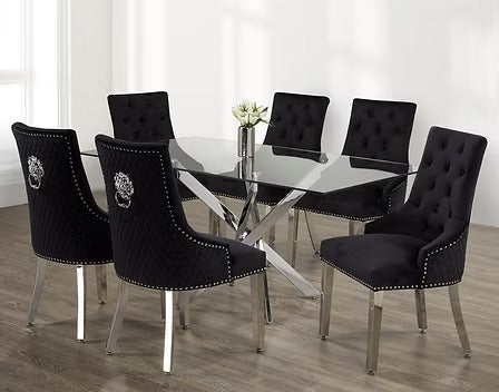 Zorvexo 7-Piece Dinette Set – Tempered Clear Glass Table with Chrome Legs & Black Velvet Lion Knocker Chairs