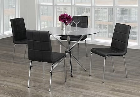 Vantira 5-Piece Dinette Set – Tempered Glass Table with Chrome Legs & Black Cushion Chairs