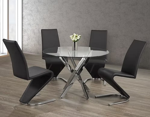 Cortano 5-Piece Dinette Set – Tempered Clear Glass Table with Chrome Legs & Z-Shaped Black PU Chairs