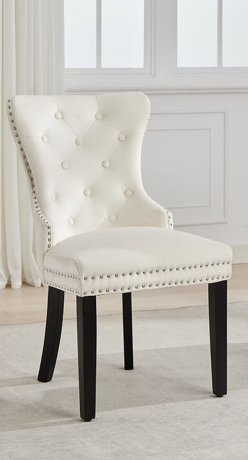 Marvexio 2-Piece Dining Chairs – Soft-Touch Creme Velvet Button Tufted Design with Nailhead Details & Dark Espresso Wooden Legs for Luxury Dining Spaces