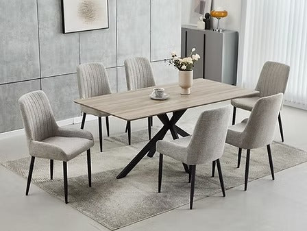 Calviano 7-Piece Dinette Set – Wooden Top Table with Black Steel Legs & Grey/Beige Fabric Chairs