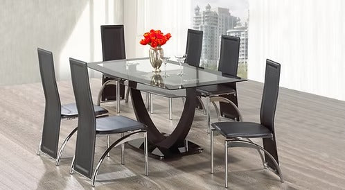 Valtreo 7-Piece Dining Set – Black Tempered Glass Table with Chrome Legs & Black Leather Chairs