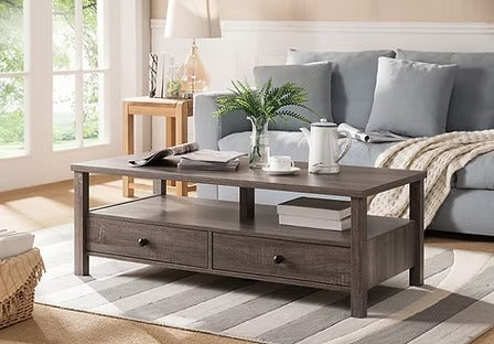 Zenvexis Coffee Table – Modern Distressed Grey Coffee Table with 2 Storage Drawers and Open Shelf Design