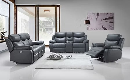 Noctivara 3-Piece Power Recliner Set with Grey Genuine Leather/Match, USB Ports, Console Storage &amp; Cup Holders