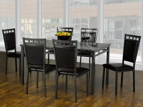 Dentara 7-Piece Dinette Set – Gun Metal Table with Black PU Chairs
