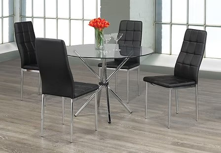 Dalmora 5-Piece Dinette Set – Tempered Glass Table with Chrome Legs & Black Cushion Chairs