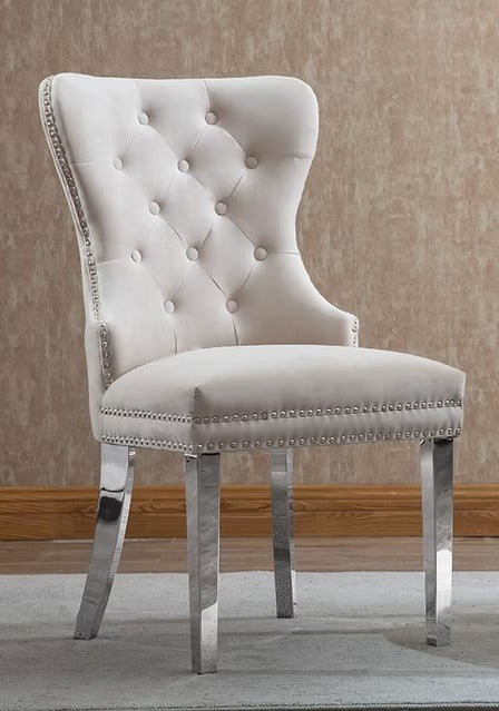 Liorvo 2-Piece Luxury Cream Velvet Dining Chair Set with Chrome Knocker Accent, Button Tufted Front, Decorative Nailhead Trim, Polished Chrome Finish, Modern Glam Dining Room Accent Chairs