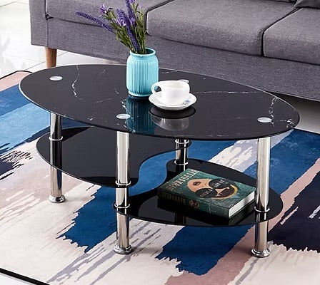 Jorvex Coffee Table – Black Marble Glass Coffee Table with Chrome Legs