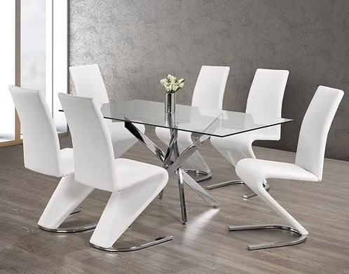 Norvexa 7-Piece Dinette Set – Tempered Clear Glass Table with Chrome Legs & Z-Shaped White PU Chairs
