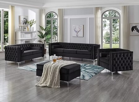 Aurevian Luxury Velvet Sofa Set with Deep Tufting, Nailhead Details, Chrome Legs &amp; Accent Pillows