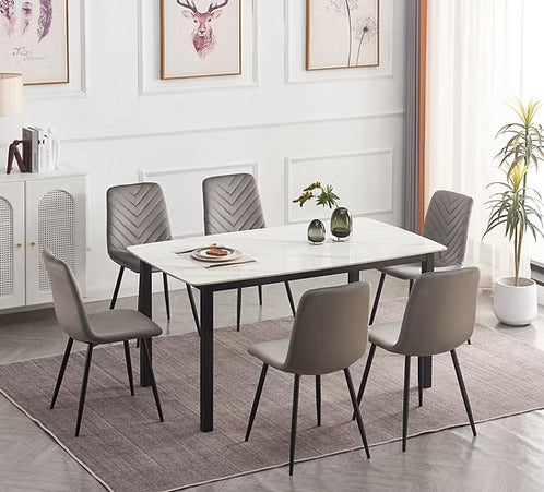 Avionza 7-Piece Dinette Set – Sintered Stone White Marble Table with Black Steel Legs & Grey Velvet Chairs