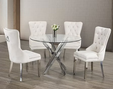 Walvera 5-Piece Dinette Set – Tempered Clear Glass Table with Chrome Legs & Cream Velvet Knocker Chairs