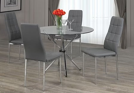 Dalmora 5-Piece Dinette Set – Tempered Glass Table with Chrome Legs & Grey Cushion Chairs