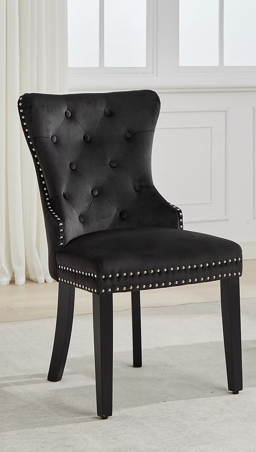 Marvexio 2-Piece Dining Chairs – Soft-Touch Black Velvet Button Tufted Design with Nailhead Details & Dark Espresso Wooden Legs for Luxury Dining Spaces